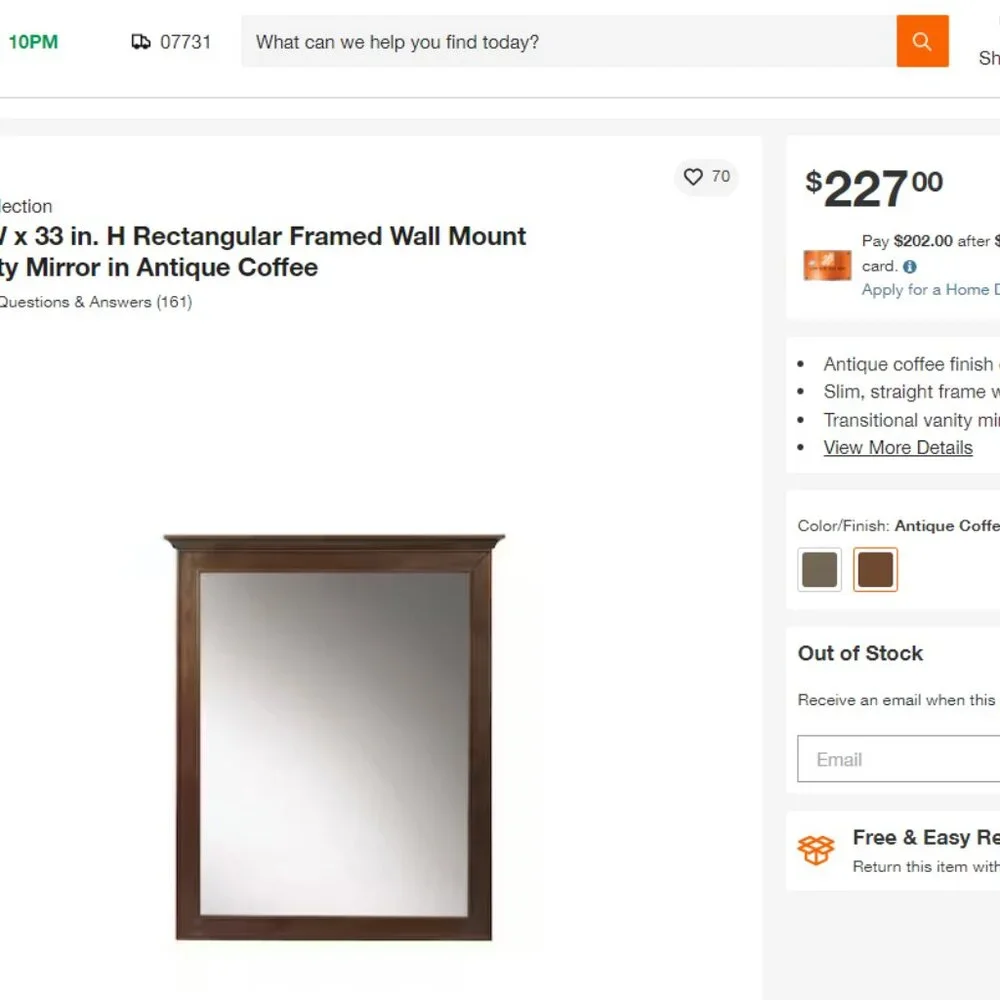 Rectangular Framed vanity Mirror - Brand New